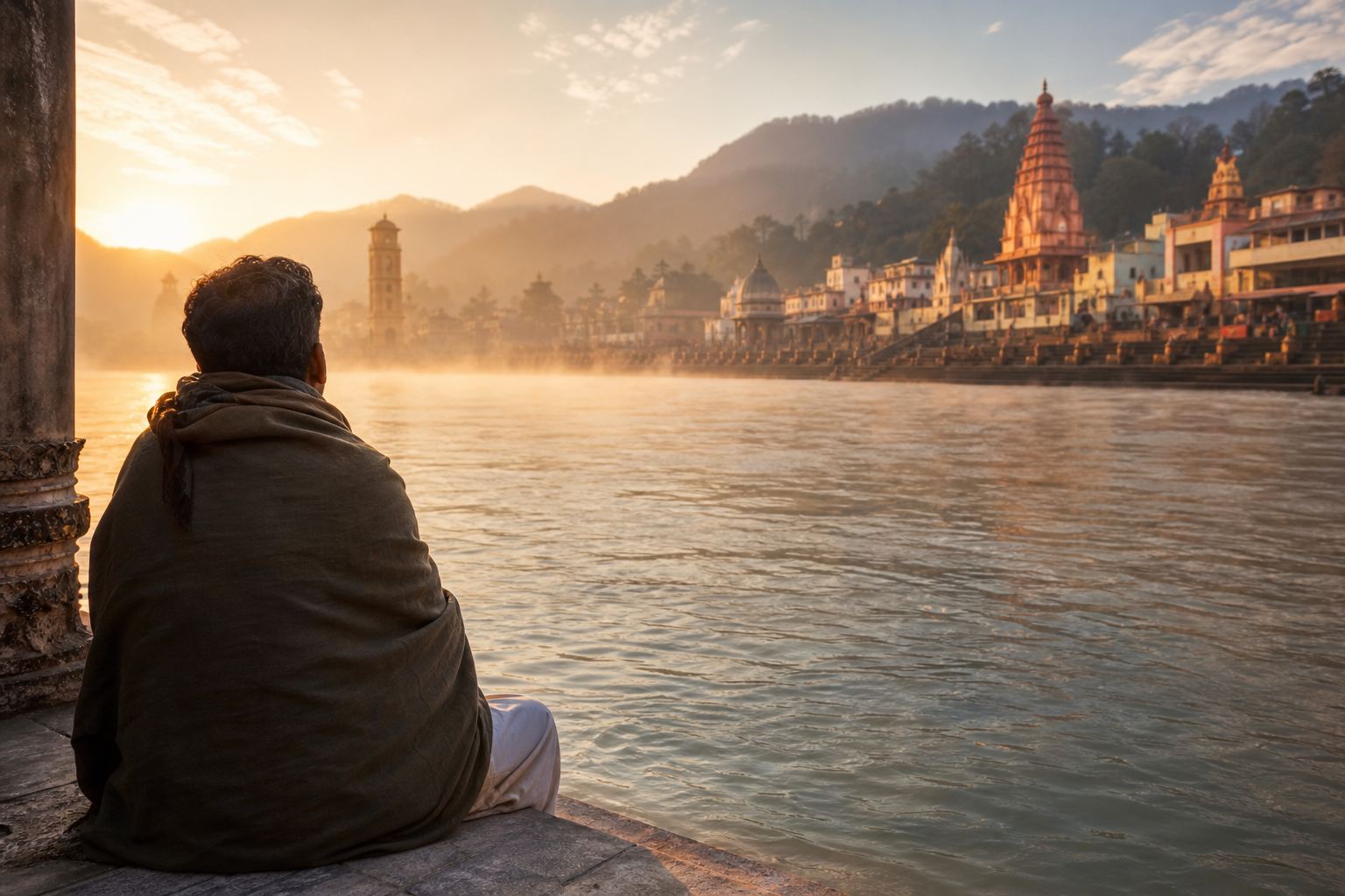 A man looking across the Ganges towards Haridwar temples at sunrise