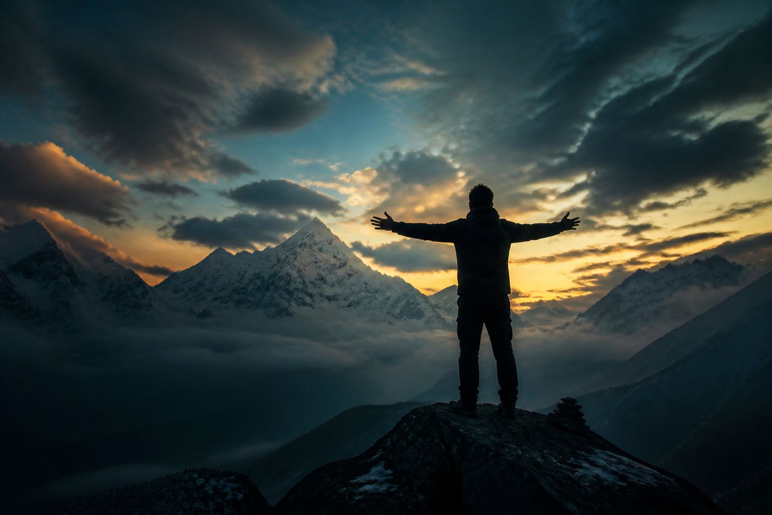 Person standing on a mountain ridge with arms open at dusk